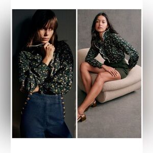 Sezane Colina Shirt Navy Miranda Floral Blouse Ruffle Neck French Chic Size 10